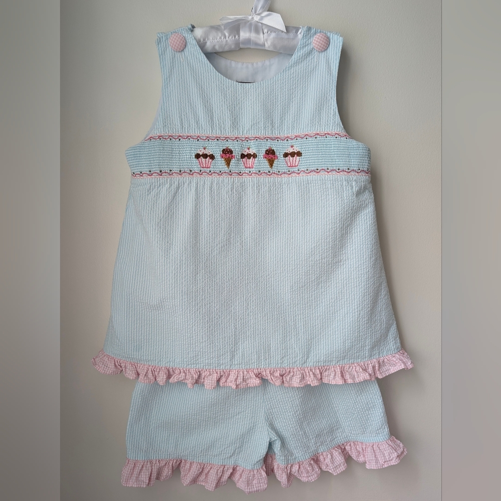 Shrimp & Grits seersucker smocked birthday outfit | girls size 7
